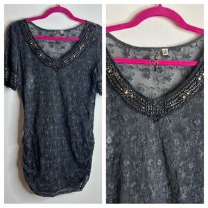Black Swan M lace sheer beaded Elegant Gray Embellished Top Rocker Party Biker